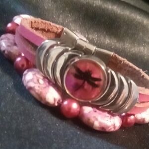 Leather With Magnetic Clasp Dragonfly Charm Pink Bracelet 7.5